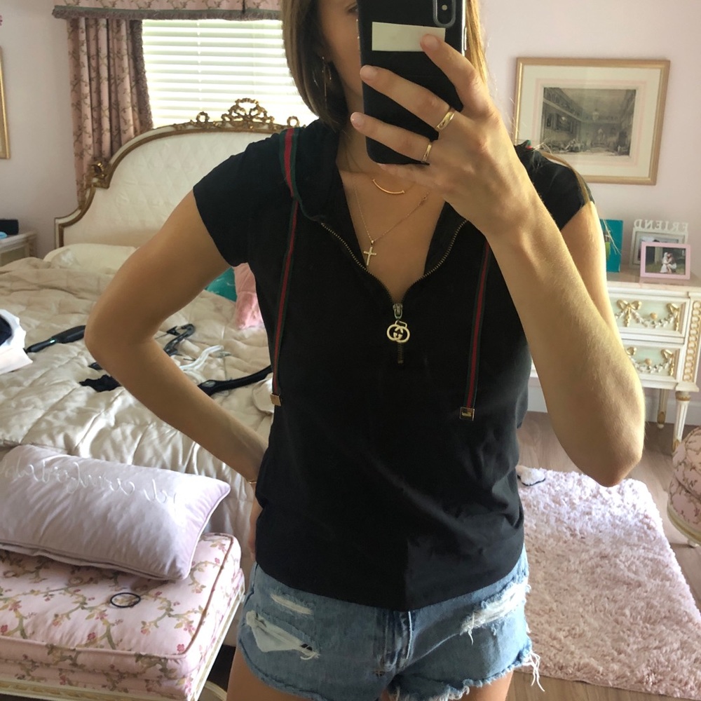 Gucci Black Short Sleeve Tee with Red Accents